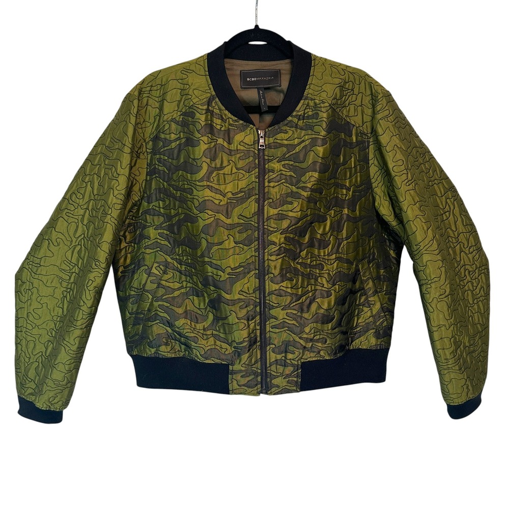 BCBGMAXAZRIA Bomber Jacket L Gibson Quilted Embroidered Camo Green Camo
